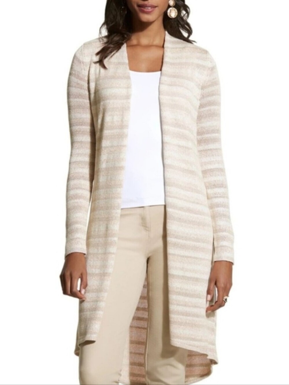 Chico's Kennedy Stripe Duster Cardigan Sweater With Gold Metallic Thread
